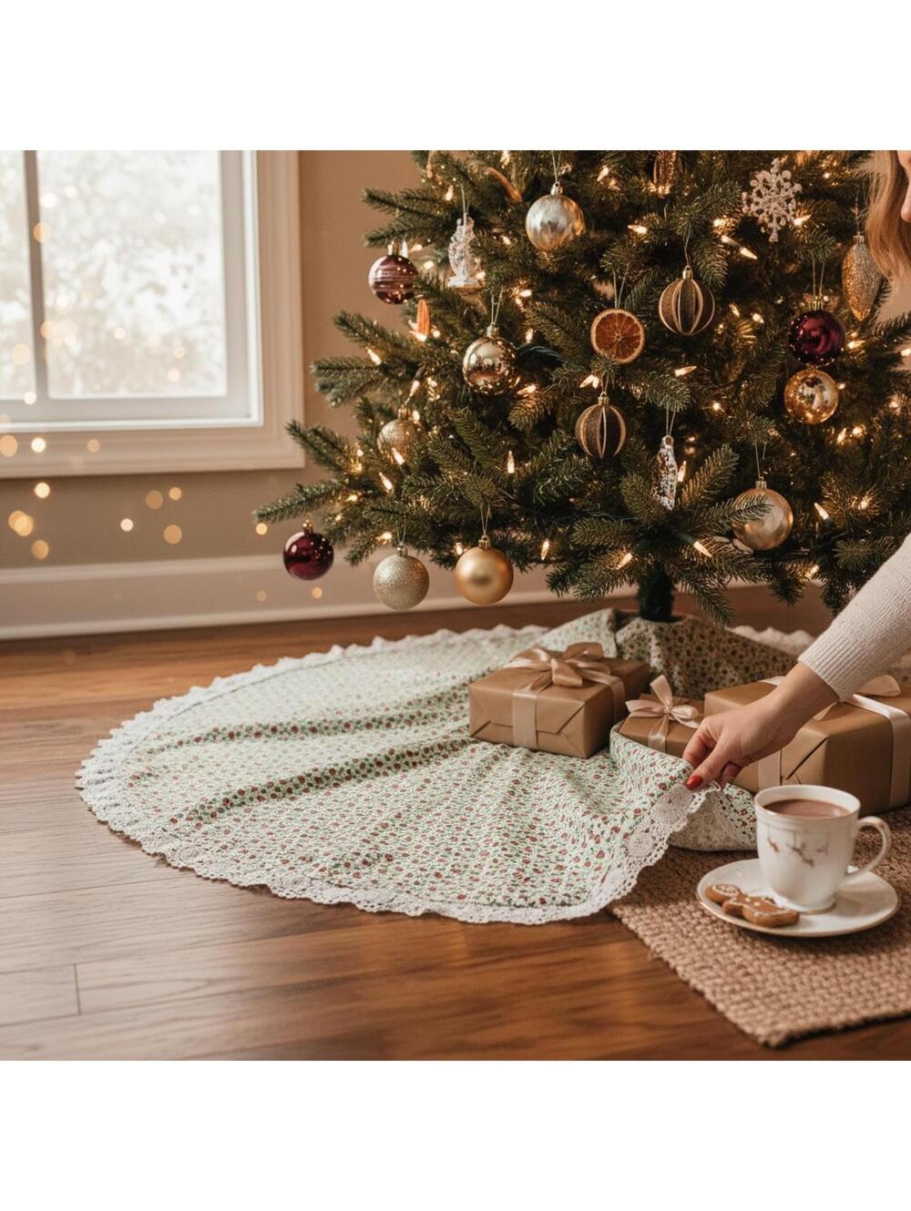 Vintage Handmade Christmas Tree Skirt Lace Trim